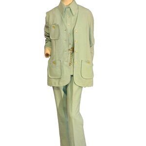 1970's Alex Garay Ltd Light AQUA BLUE, Not Green Knit Leisure Suit No Belt